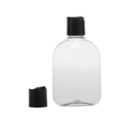 Botella 250 ml PET Petaca Transparente con Tapón Disc-Top Negro (28/410) - Botellas PET