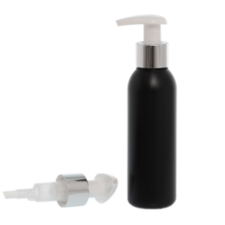 Botella 125 ml HDPE Negro con Dosificador Ancho Plata Aluminio (24/410) - Botellas HDPE