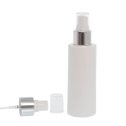 Botella 125 ml HDPE Blanco Recta con Vaporizador Plata Aluminio (24/410) - Botellas HDPE