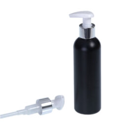 Botella 200 ml HDPE Negro con Dosificador Plata Aluminio (24/410) - Botellas HDPE