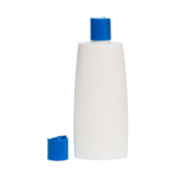 Botella Oval 250 ml HDPE Blanca con Tapón Disc Top Azul (24/410) - Botellas HDPE