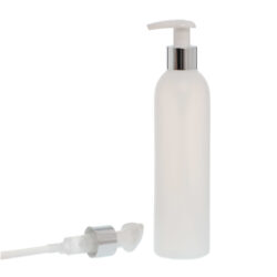 Botella 250 ml HDPE Traslúcido con Dosificador Ancho Plata Aluminio (24/410) - Botellas HDPE