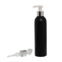 Botella 250 ml HDPE Negro con Dosificador Ancho Plata Aluminio (24/410) - Botellas HDPE