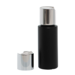 Botella 60 ml HDPE Negro con Tapón Disc-Top Plata Aluminio (24/410) - Amenities