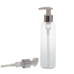 Botella 200 ml PET Transparente Curvo con Dosificador Plata (24/410) - Botellas PET