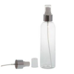 Botella 200 ml PET Transparente Curvo con Vaporizador Plata Aluminio (24/410) - Botellas PET