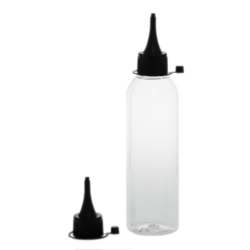 Botella 200 ml PET Transparente Curvo con Tapón Cánula Negra y Capuchón de Presión (24/410) - Botellas PET