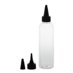 Botella 200 ml PET Transparente Curvo con Tapón Cánula Negra y Capuchón de Rosca (24/410) - Botellas PET