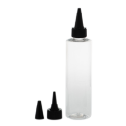 Botella 200 ml PET Transparente con Tapón Cánula Negra y Capuchón de Rosca (24/410) - Botellas PET