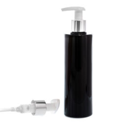 Botella 250 ml PET Negro con Dosificador Ancho Plata Aluminio (24/410) - Botellas PET