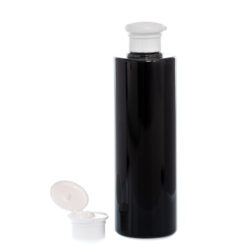 Botella 250 ml PET Negro con Tapón Bisagra Seta Blanco (24/410) - Botellas PET