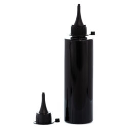 Botella 250 ml PET Negro con Tapón Cánula Negra y Capuchón de Presión (24/410) - Botellas PET