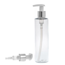 Botella 250 ml PET Transparente con Dosificador Ancho Plata Aluminio (24/410) - Botellas PET