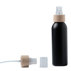 Botella 125 ml HDPE Negro con Vaporizador Traslúcido Funda de Madera (24/410) - Botellas HDPE