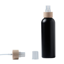 Botella 200 ml HDPE Negro con Vaporizador Traslúcido Funda de Madera (24/410) - Botellas HDPE