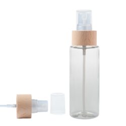 Botella 100 ml PET Transparente con Vaporizador Traslúcido Funda de Madera (24/410) - Botellas PET