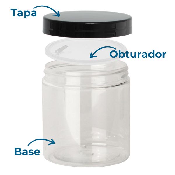 Tarro 250 ml PET Transparente Ø 70 con Tapa Negra (Base, Tapa y Obturador) - Tarros de PET - Foto 2