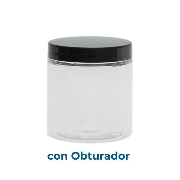 Tarro 250 ml PET Transparente Ø 70 con Tapa Negra (Base, Tapa y Obturador) - Tarros de PET