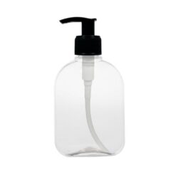 Botella 250 ml PET Petaca Transparente con Dosificador Estrecho Negro Rayado (28/410) - Botellas PET