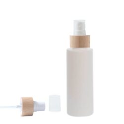 Botella 125 ml HDPE Blanco Recta con Vaporizador Blanco Funda de Madera (24/410) - Botellas HDPE