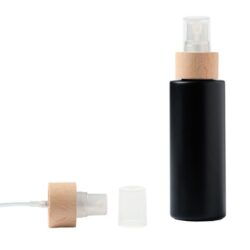 Botella 125 ml HDPE Negro Recta con Vaporizador Traslúcido Funda de Madera (24/410) - Botellas HDPE