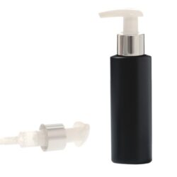 Botella 125 ml HDPE Negro Recta con Dosificador Ancho Blanco Funda Plata (24/410) - Botellas HDPE