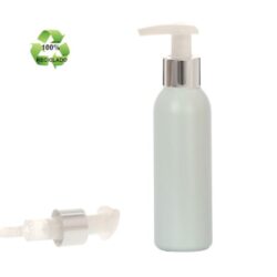 Botella 125 ml HDPE Reciclado con Dosificador Ancho Blanco Funda Aluminio Plata (24/410) - Botellas ECO