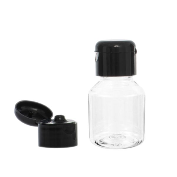 Botella 50 ml PET Transparente Hombro Cónico con Bisagra Negro (28/410) - Botellas PET