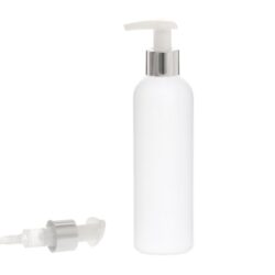 Botella 200 ml HDPE Blanco con Dosificador Ancho Plata Aluminio (24/410) - Botellas HDPE