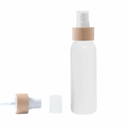 Botella 125 ml HDPE Blanco con Vaporizador Blanco Funda de Madera (24/410) - Botellas HDPE