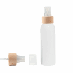 Botella 125 ml HDPE Blanco con Vaporizador Traslúcido Funda de Madera (24/410) - Botellas HDPE