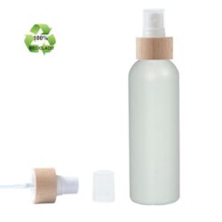 Botella 200 ml HDPE Reciclado con Vaporizador Blanco Funda de Madera (24/410) - Botellas ECO