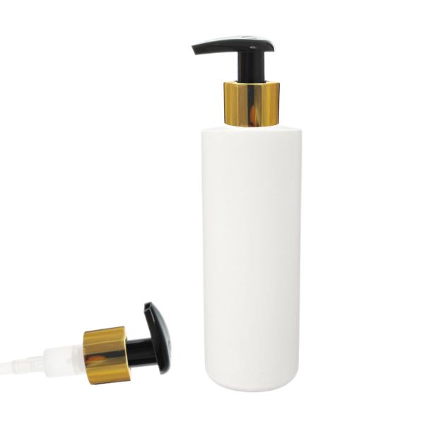 Botella 200 ml HDPE Blanco Recta con Dosificador Ancho Negro Funda Aluminio Oro (24/410) - Botellas HDPE