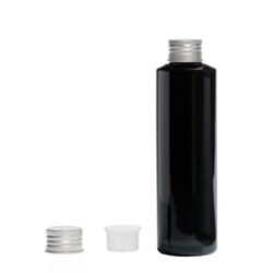 Botella 200 ml PET Negro con Tapón Aluminio Plata Con Obturador (24/410) - Botellas PET