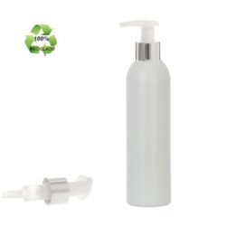 Botella 250 ml HDPE Reciclado con Dosificador Ancho Blanco Aluminio Plata (24/410) - Botellas ECO
