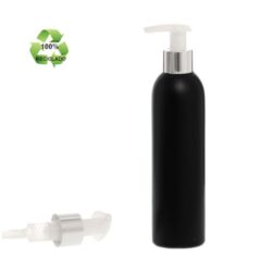 Botella 250 ml HDPE Reciclado Negro con Dosificador Ancho Blanco Aluminio Plata (24/410) - Botellas ECO