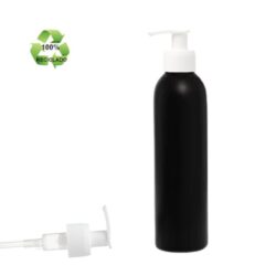 Botella 250 ml HDPE Reciclado Negro con Dosificador Estrecho Blanco (24/410) - Botellas ECO