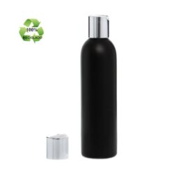 Botella 250 ml HDPE Reciclado Negro con Tapón Disc-Top Blanco Funda Aluminio Plata (24/410) - Botellas ECO