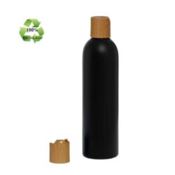 Botella 250 ml HDPE Reciclado Negro con Tapón Disc-Top Imitación Madera (24/410) - Botellas ECO