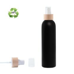 Botella 250 ml HDPE Reciclado Negro con Vaporizador Blanco Funda de Madera (24/410) - Botellas ECO