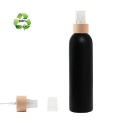 Botella 250 ml HDPE Reciclado Negro con Vaporizador Traslúcido Funda de Madera (24/410) - Corte Tubo