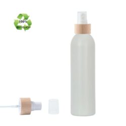 Botella 250 ml HDPE Reciclado con Vaporizador Blanco Funda de Madera (24/410) - Corte Tubo