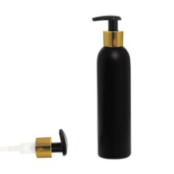 Botella 250 ml HDPE Negro con Dosificador Ancho Negro Funda Aluminio Oro (24/410) - Corte Tubo