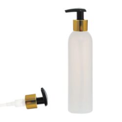 Botella 250 ml HDPE Traslúcido con Dosificador Ancho Negro Funda Aluminio Oro (24/410) - Botellas HDPE