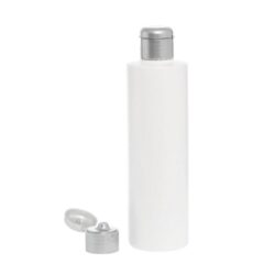 Botella 250 ml HDPE Blanco Recta con Tapón Bisagra Gris Plata (24/410) - Botellas HDPE