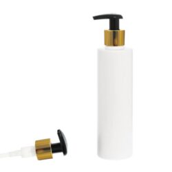 Botella 250 ml HDPE Blanco Recta con Dosificador Ancho Oro Aluminio (24/410) - Botellas HDPE