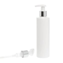 Botella 250 ml HDPE Blanco Recta con Dosificador Ancho Plata Aluminio (24/410) - Botellas HDPE