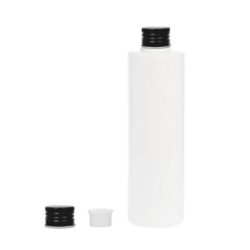 Botella 250 ml HDPE Blanco Recta con Tapón Aluminio Negro con Obturador (24/410) - Botellas HDPE