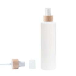 Botella 250 ml HDPE Blanco Recta con Vaporizador Blanco Funda de Madera (24/410) - Botellas HDPE