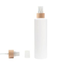 Botella 250 ml HDPE Blanco Recta con Vaporizador Traslúcido Funda de Madera (24/410) - Botellas HDPE